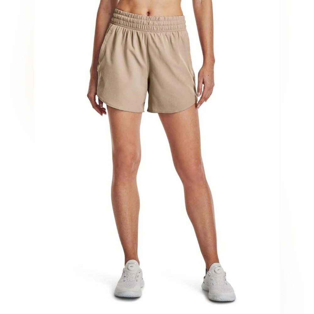 Under Armour Womens Tan High Rise Athletic Running Shorts Small Smocked Waist